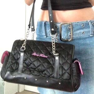 Paris Hilton Black Quilted Shoulder Bag with Pink Details